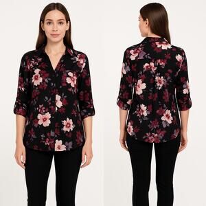 A. Byer Floral Button Front Womens Blouse Medium Black Pink Purple Preppy